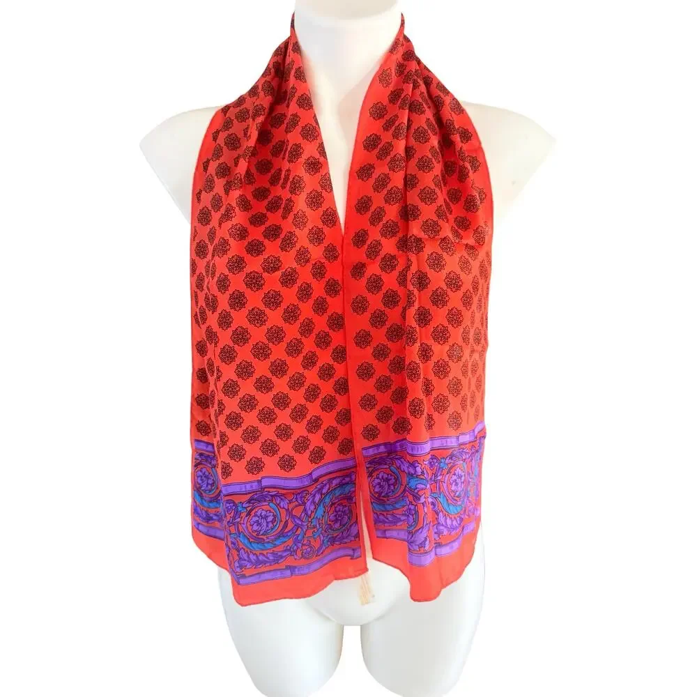 Vintage 80s Elaine Gold Silk Scarf Opulent Coral & Amethyst Baroque Scroll Scarf
